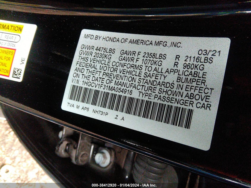 VIN 1HGCV1F31MA054916 2021 HONDA ACCORD SPORT