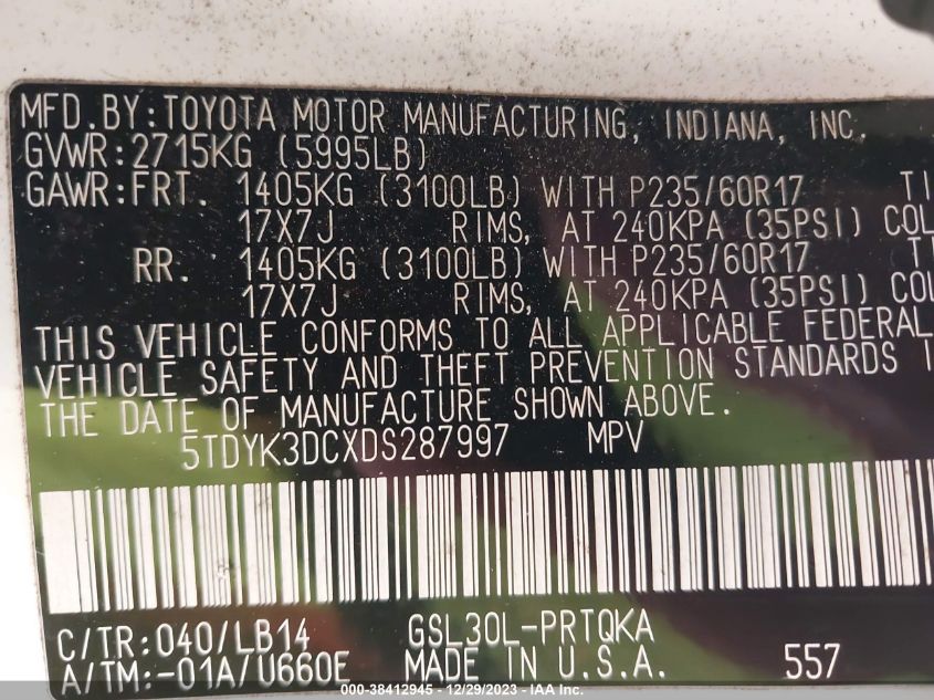 2013 TOYOTA SIENNA XLE/LIMITED - 5TDYK3DCXDS287997