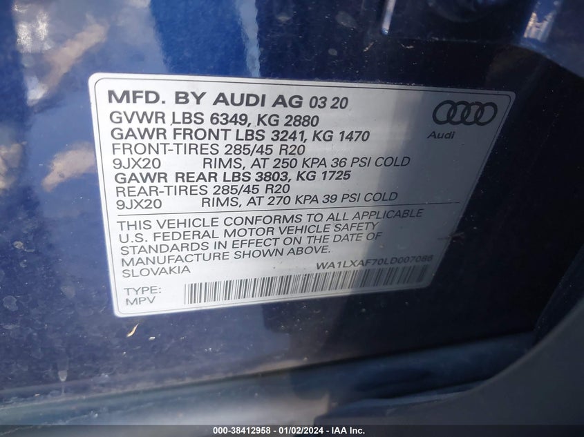 VIN WA1LXAF70LD007086 2020 AUDI Q7 PREMIUM PLUS