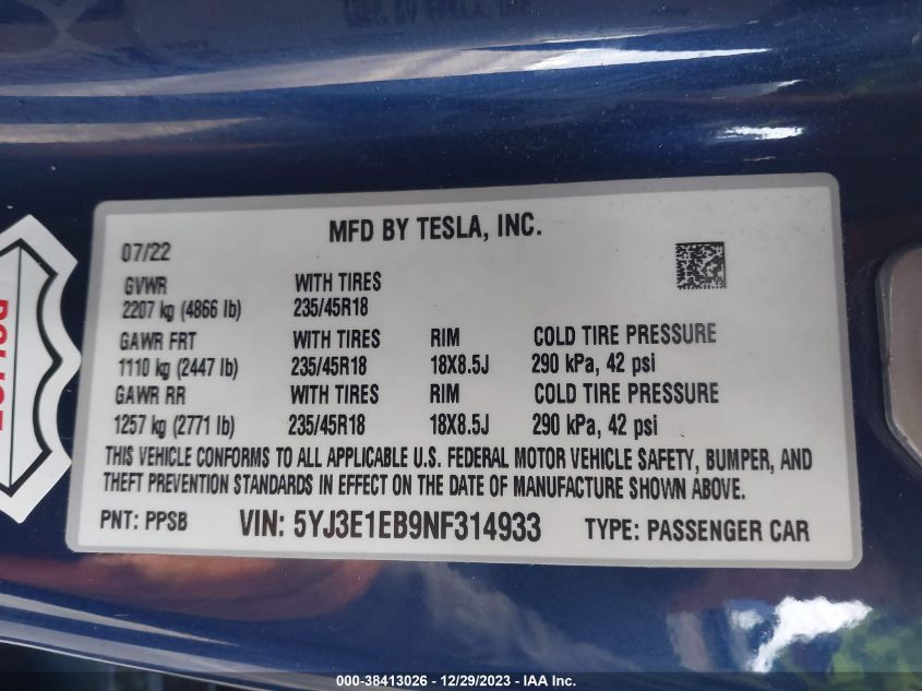 2022 TESLA MODEL 3 - 5YJ3E1EB9NF314933