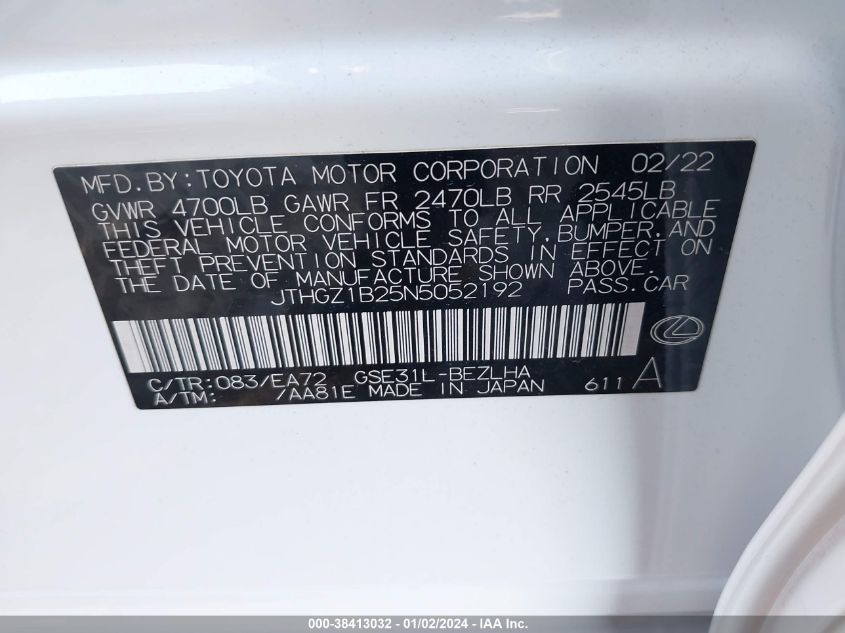 2022 LEXUS IS 350 350 F-SPORT - JTHGZ1B25N5052192