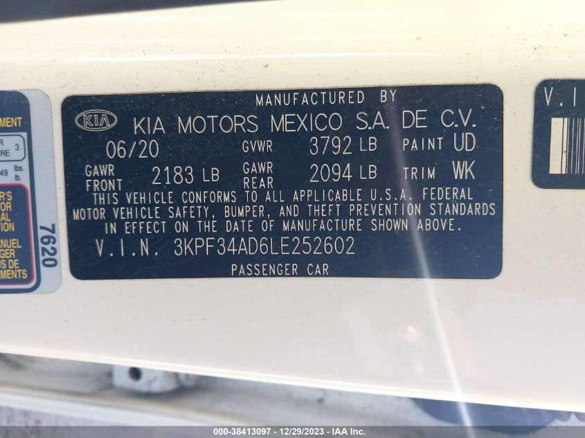 2020 KIA FORTE GT LINE/S - 3KPF34AD6LE252602