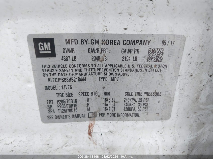 VIN KL7CJPSB8HB218444 2017 CHEVROLET TRAX 1LT