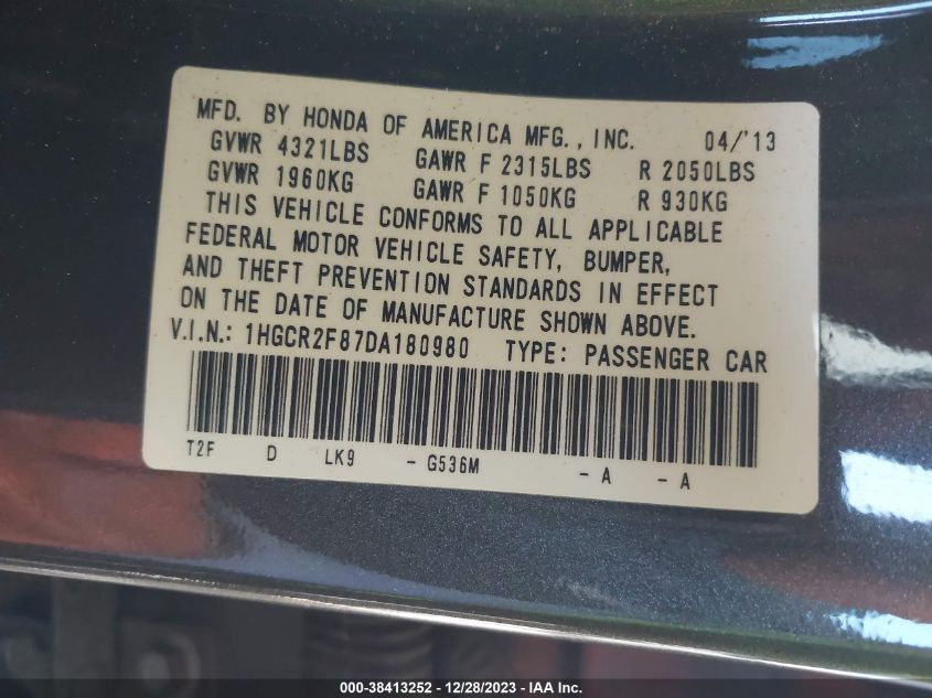2013 HONDA ACCORD EXL - 1HGCR2F87DA180980