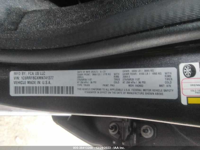 2021 RAM 1500 BIG HORN/LONE STAR - 1C6RRFBGXMN741377