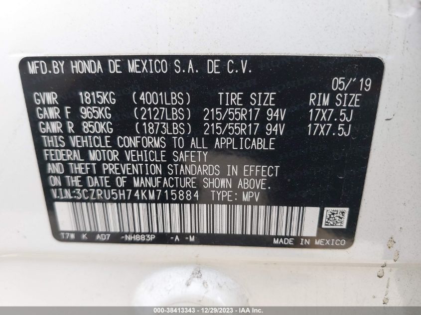 2019 HONDA HR-V EX-L - 3CZRU5H74KM715884