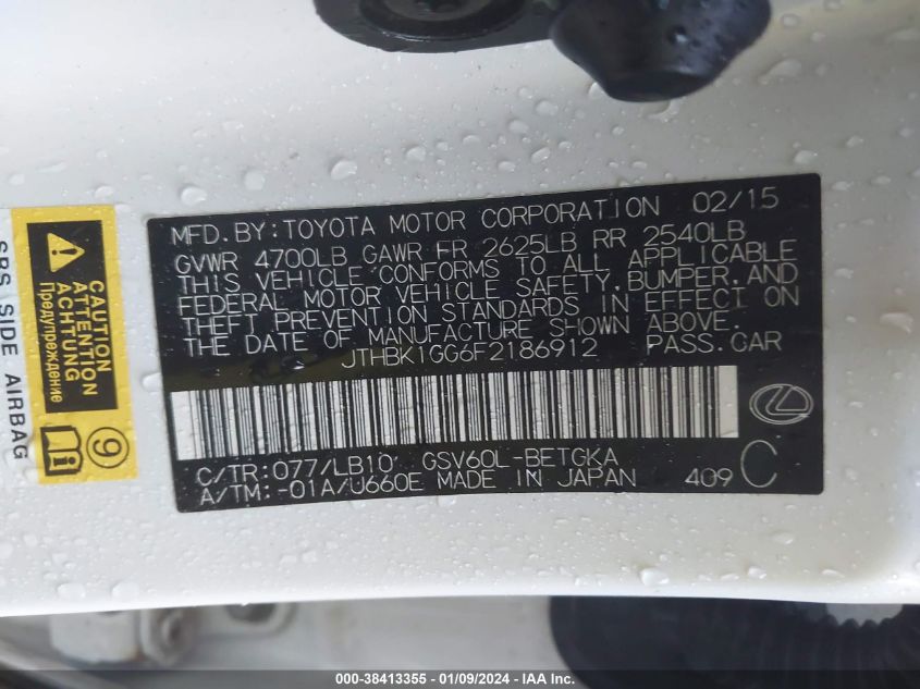 2015 LEXUS ES 350 350 - JTHBK1GG6F2186912