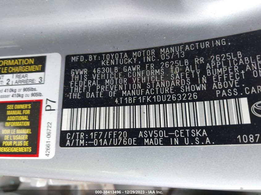 2013 TOYOTA CAMRY L/SE/LE/XLE - 4T1BF1FK1DU263226