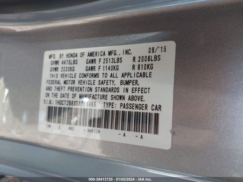 2016 HONDA ACCORD EX-L V-6 - 1HGCT2B8XGA000466