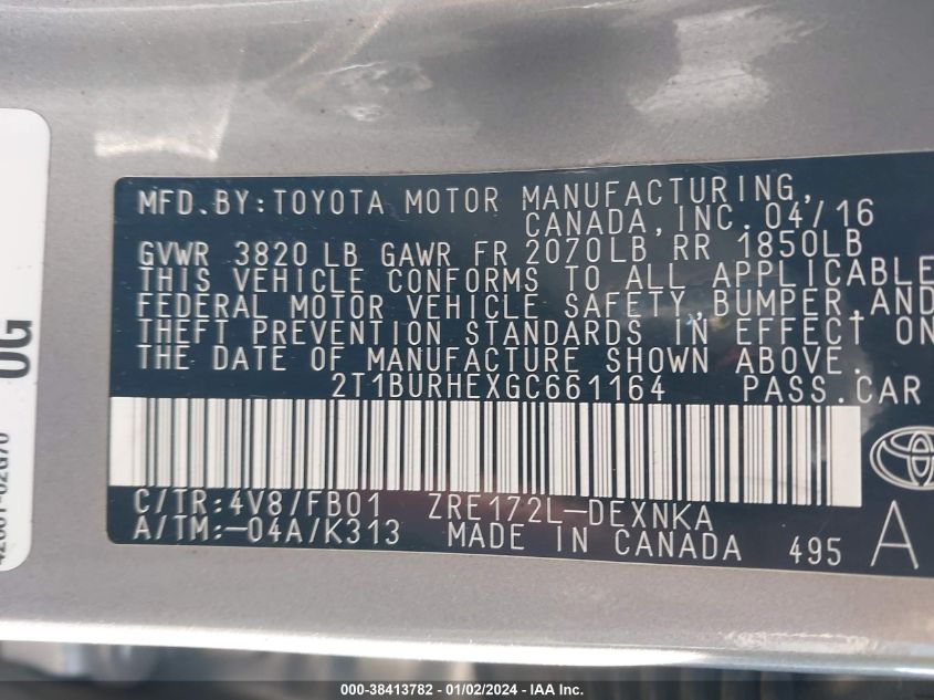 2016 TOYOTA COROLLA L/LE/LE PLS/PRM/S/S PLS - 2T1BURHEXGC661164