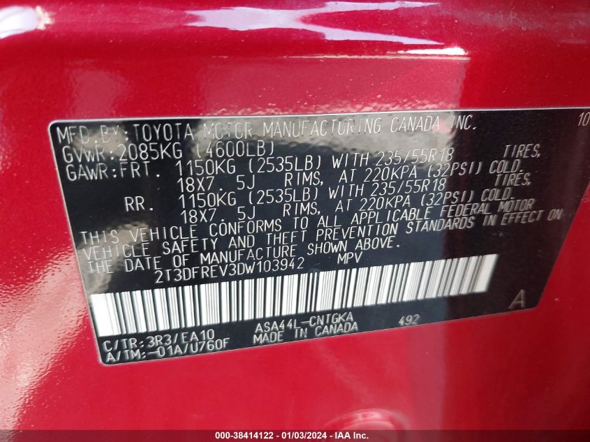 2013 TOYOTA RAV4 LIMITED - 2T3DFREV3DW103942