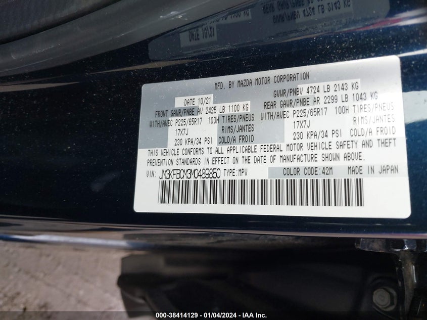 VIN JM3KFBCM3M0489850 2021 MAZDA CX-5 TOURING