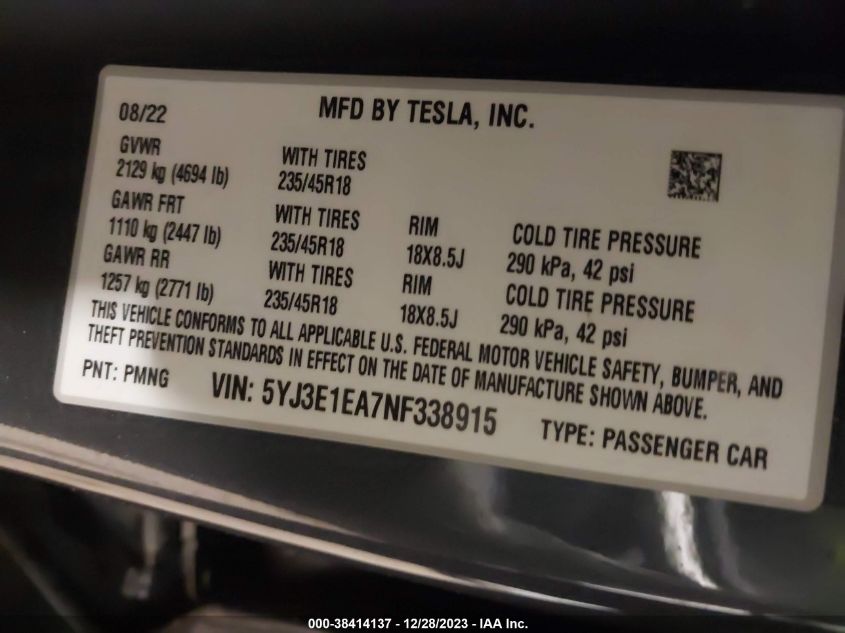 2022 TESLA MODEL 3 REAR-WHEEL DRIVE - 5YJ3E1EA7NF338915