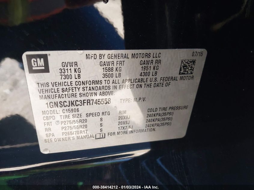 2015 CHEVROLET SUBURBAN 1500 LT - 1GNSCJKC3FR745558