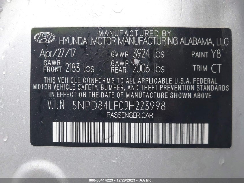 VIN 5NPD84LF0JH223998 2018 HYUNDAI ELANTRA SEL