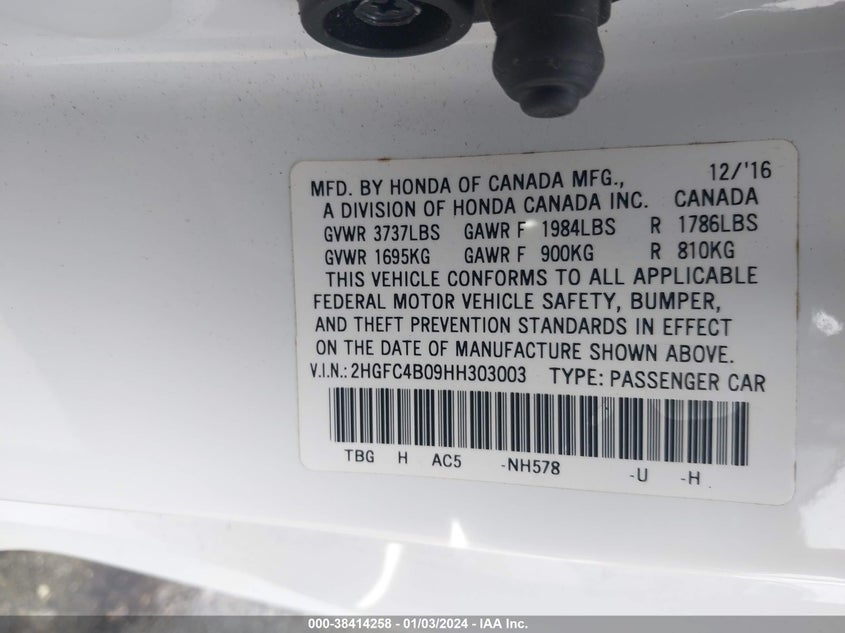 VIN 2HGFC4B09HH303003 2017 HONDA CIVIC LX