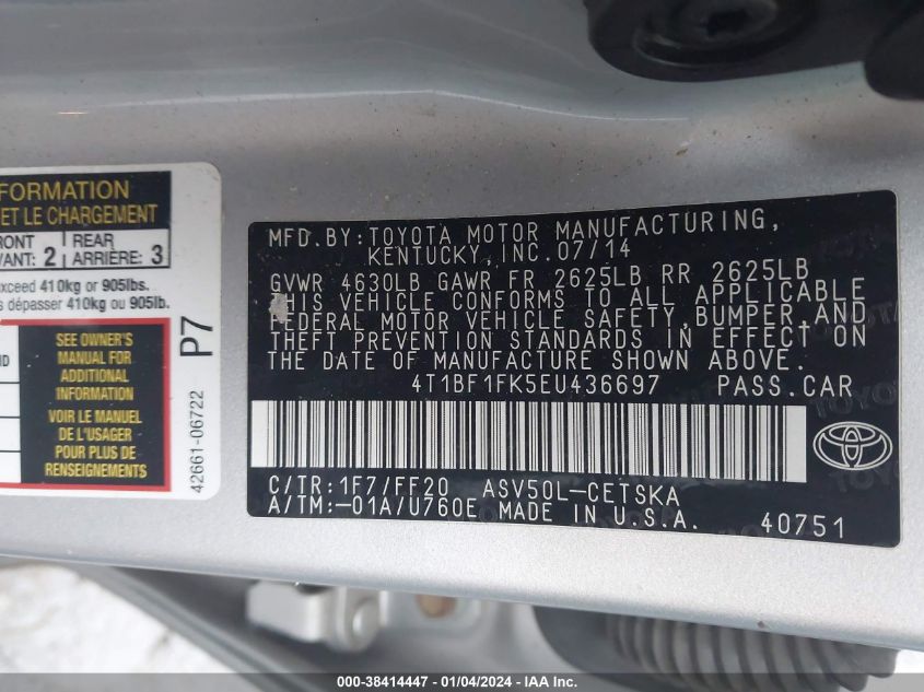 2014 TOYOTA CAMRY SE - 4T1BF1FK5EU436697