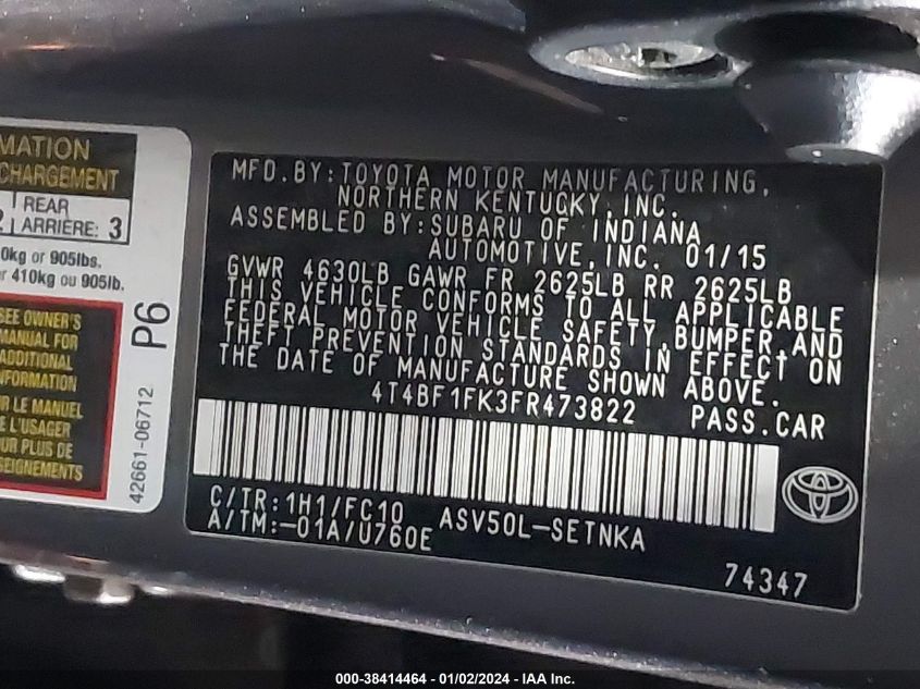 2015 TOYOTA CAMRY LE - 4T4BF1FK3FR473822