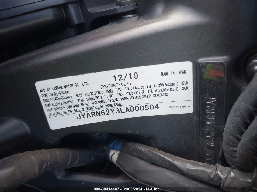 2020 YAMAHA MTT09 GTC JYARN62Y3LA000504