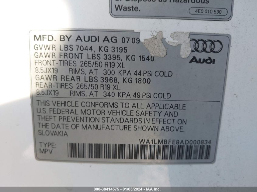 WA1LMBFE8AD000834 2010 AUDI Q7, photo no. 9