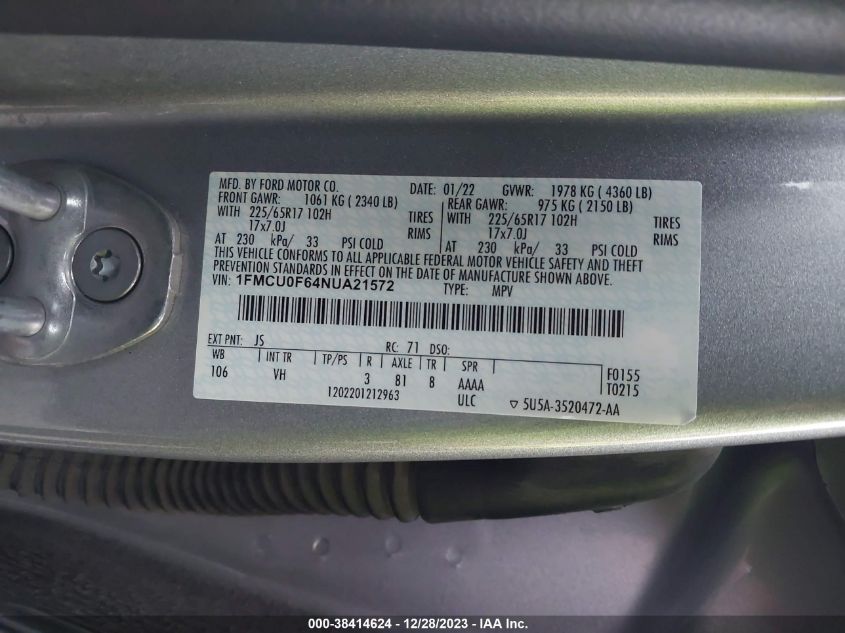 1FMCU0F64NUA21572 2022 FORD ESCAPE, photo no. 9