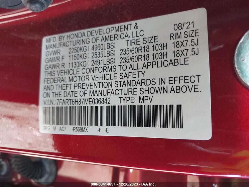 VIN 7FART6H87ME036842 2021 HONDA CR-V EXL
