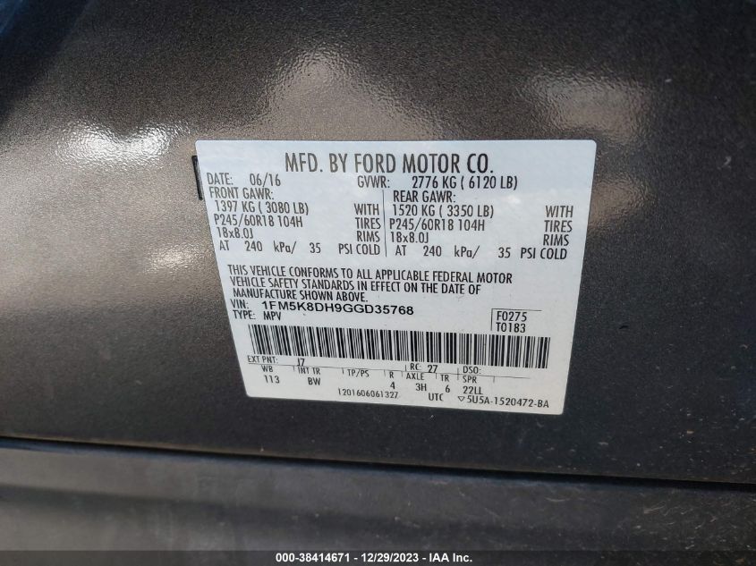 2016 FORD EXPLORER XLT - 1FM5K8DH9GGD35768