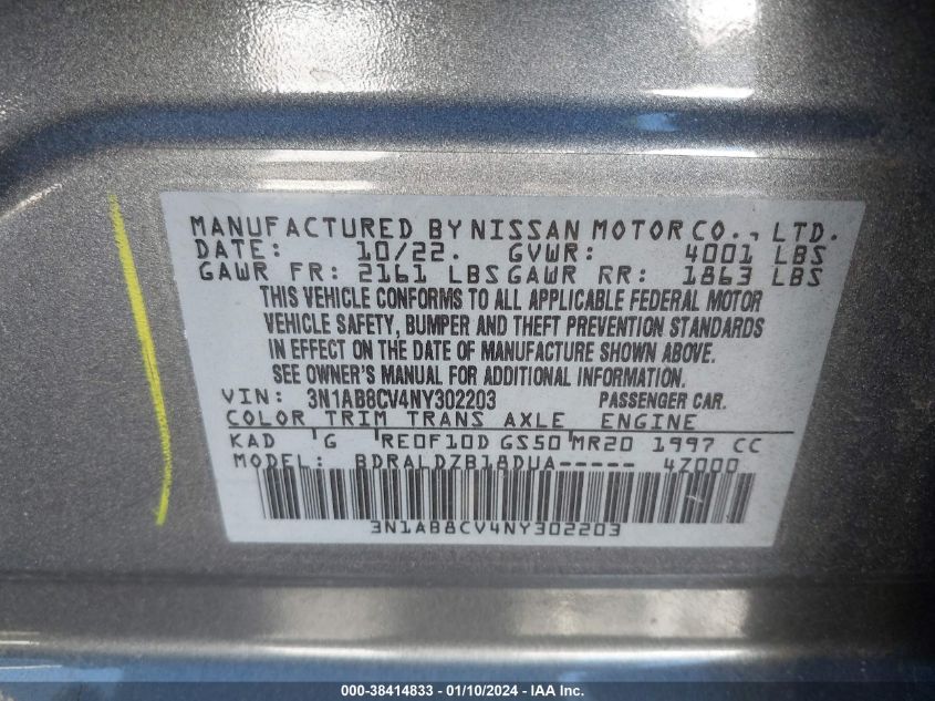 2022 NISSAN SENTRA SV XTRONIC CVT - 3N1AB8CV4NY302203