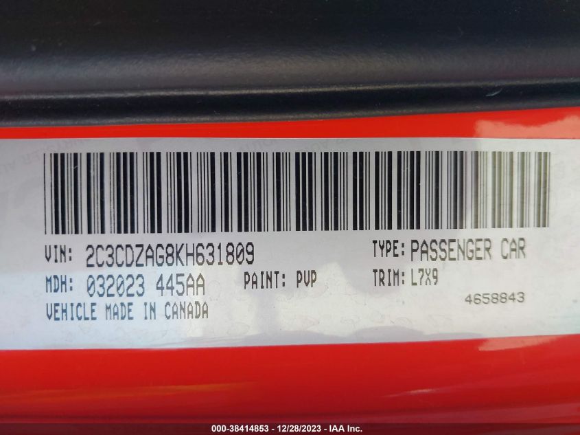 2019 DODGE CHALLENGER SXT 2C3CDZAG8KH631809