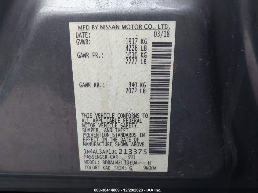 2018 NISSAN ALTIMA 2.5/S/SV/SL/SR - 1N4AL3AP1JC213375
