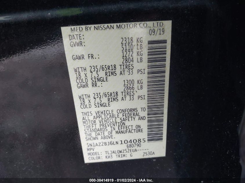 2020 NISSAN MURANO SV - 5N1AZ28J6LN104085
