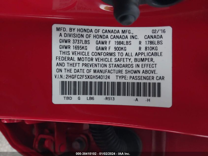 2016 HONDA CIVIC LX - 2HGFC2F5XGH540124