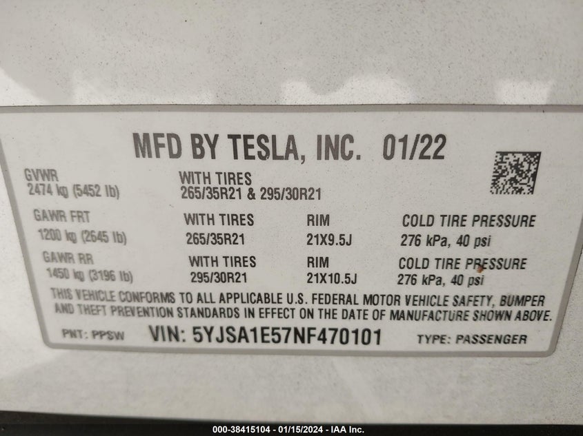 VIN 5YJSA1E57NF470101 2022 TESLA MODEL S