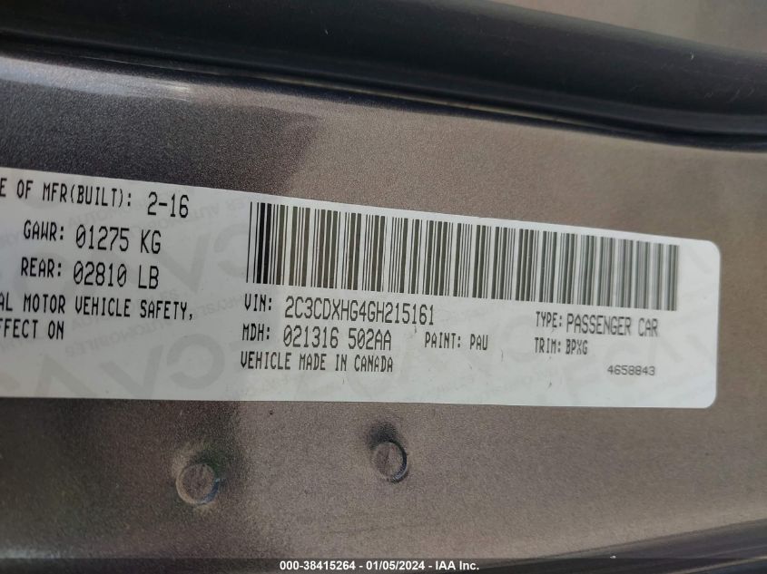 2016 DODGE CHARGER SXT - 2C3CDXHG4GH215161