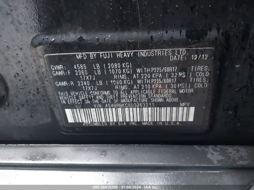 2013 SUBARU OUTBACK 2.5I LIMITED - 4S4BRBKC8D3263211