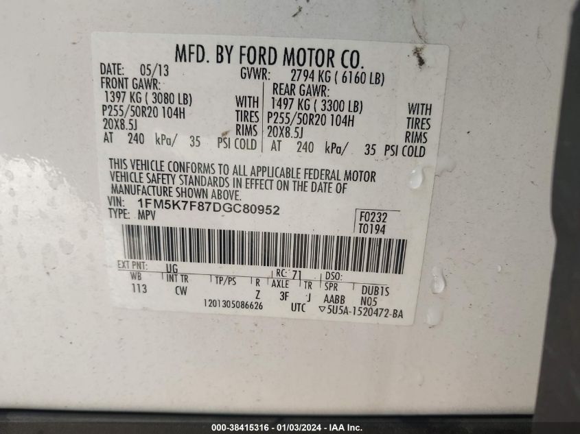 2013 FORD EXPLORER LIMITED - 1FM5K7F87DGC80952