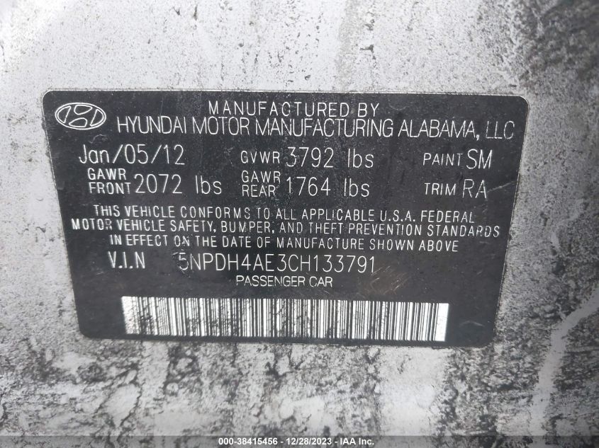 5NPDH4AE3CH133791 | 2012 HYUNDAI ELANTRA