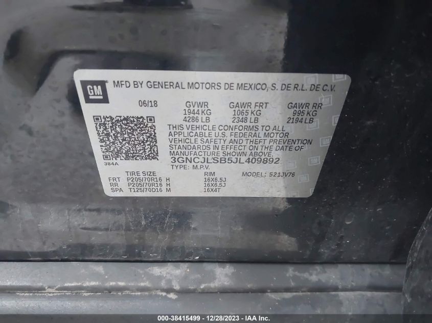2018 CHEVROLET TRAX LT - 3GNCJLSB5JL409892