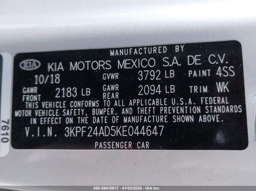 2019 KIA FORTE FE/LX/LXS - 3KPF24AD5KE044647