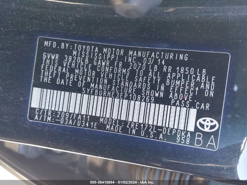 2014 TOYOTA COROLLA L - 5YFBURHE3EP108269