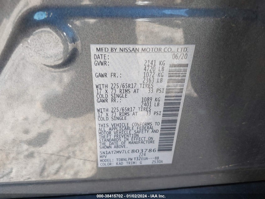 VIN 5N1AT2MV7LC803786 2020 NISSAN ROGUE S/SL/SV