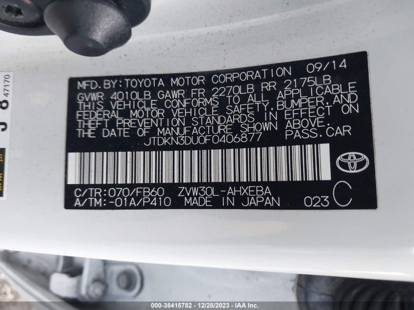 2015 TOYOTA PRIUS TWO - JTDKN3DU0F0406877