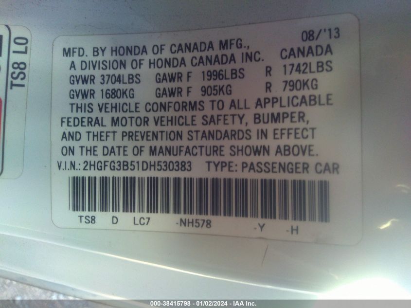 2013 HONDA CIVIC LX - 2HGFG3B51DH530383