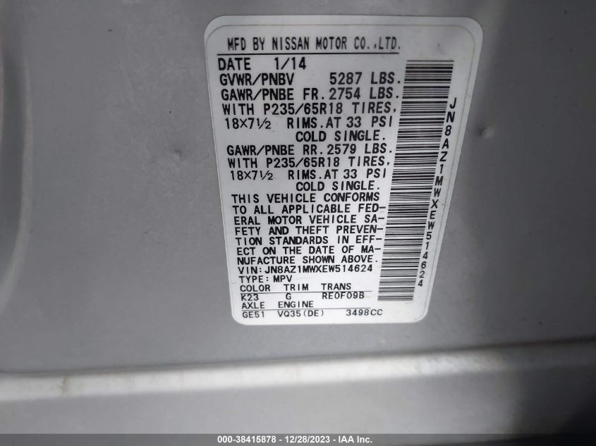 2014 NISSAN MURANO LE/S/SL/SV - JN8AZ1MWXEW514624