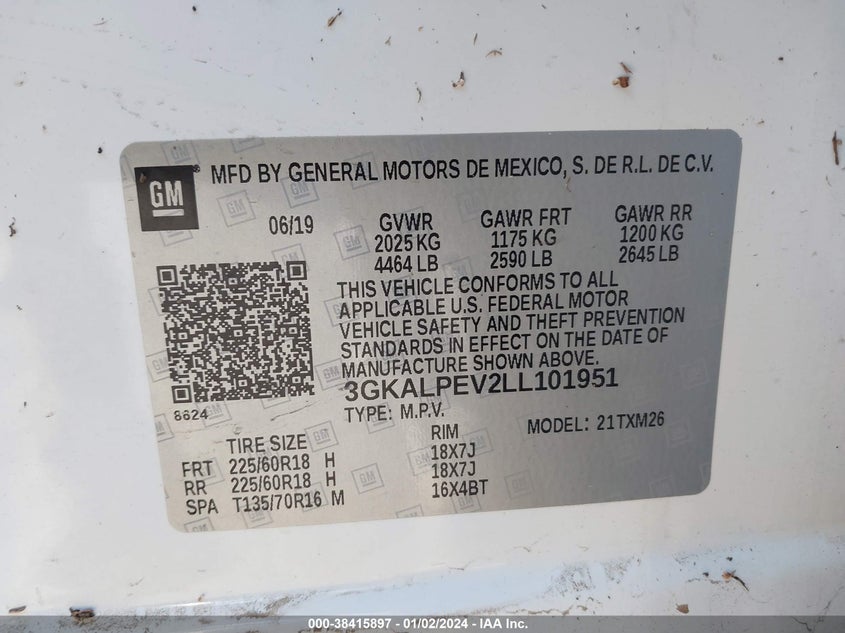 VIN 3GKALPEV2LL101951 2020 GMC TERRAIN SLT