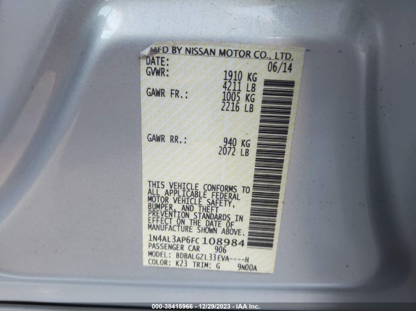 2015 NISSAN ALTIMA 2.5/S/SV/SL - 1N4AL3AP6FC108984
