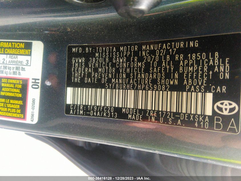 2017 TOYOTA COROLLA L/LE/XLE/SE/XSE - 5YFBURHE7HP659082