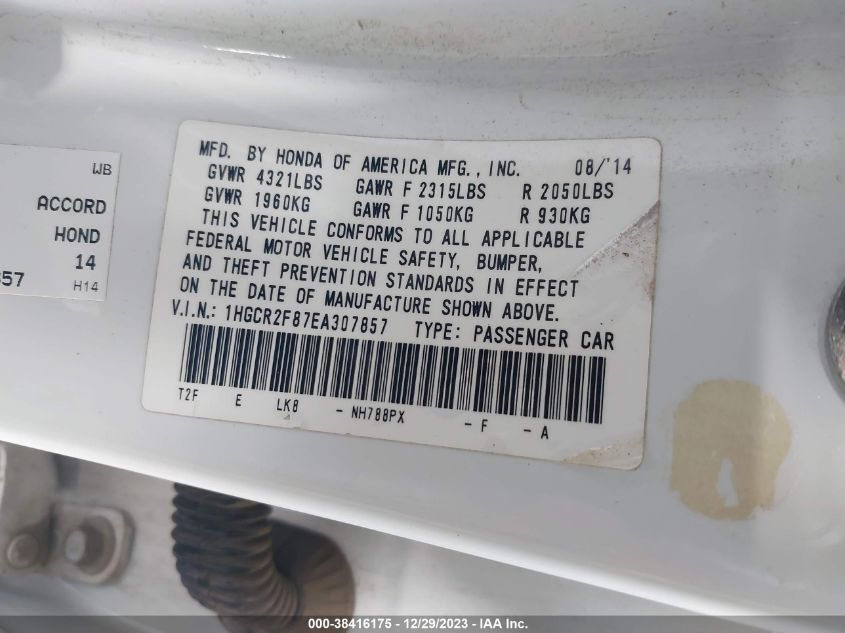 2014 HONDA ACCORD EXL - 1HGCR2F87EA307857