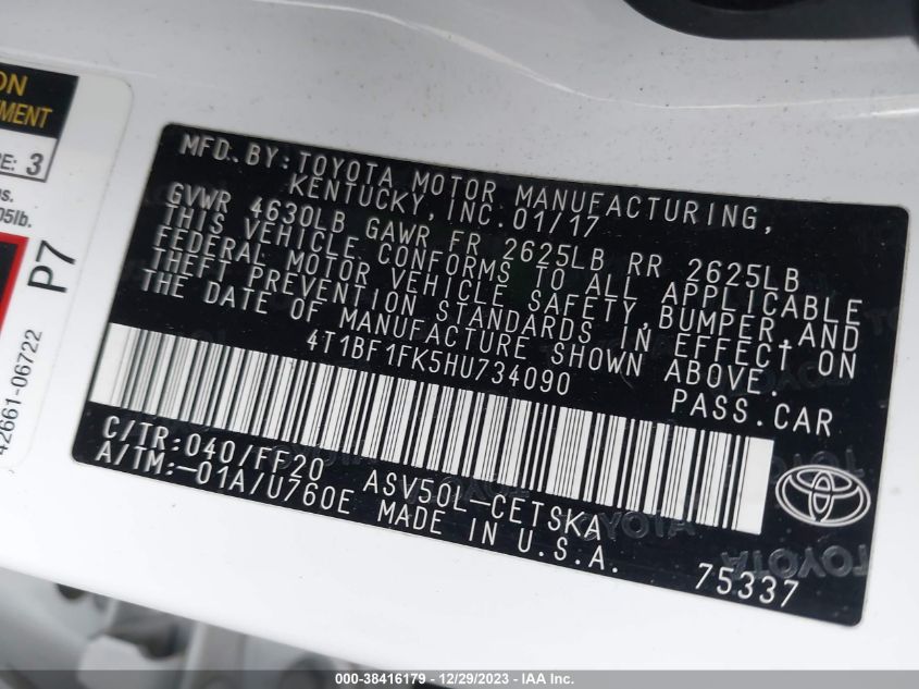 2017 TOYOTA CAMRY LE/XLE/SE/XSE - 4T1BF1FK5HU734090