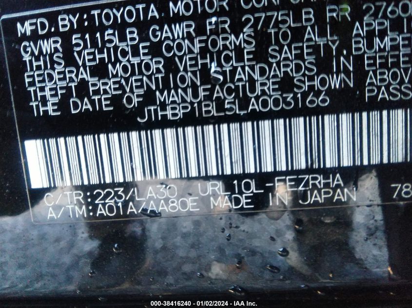2020 LEXUS GS F JTHBP1BL5LA003166